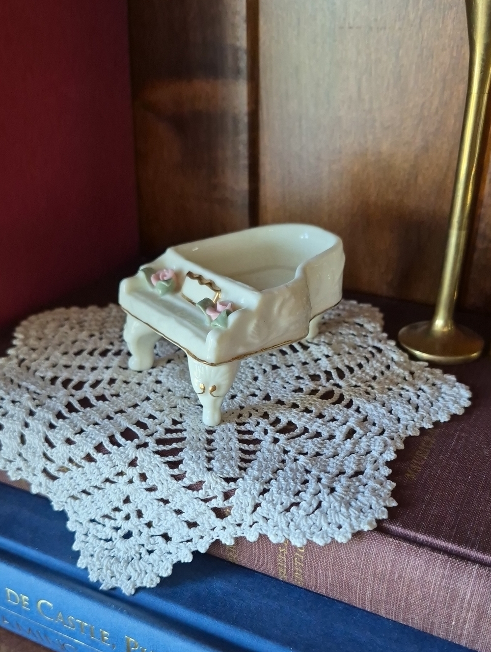Porcelain Cream Miniature Piano Trinket Dish with Pink Rose Accents